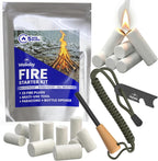 Fire Starter Kit - 33 Waterproof Plugs in Metal Tin + Flint Rod Striker Multi-Tool, Pocket Survival Guide, Airtight Mylar Storage Bag – Camping, Emergency, Grill, Fire Pit