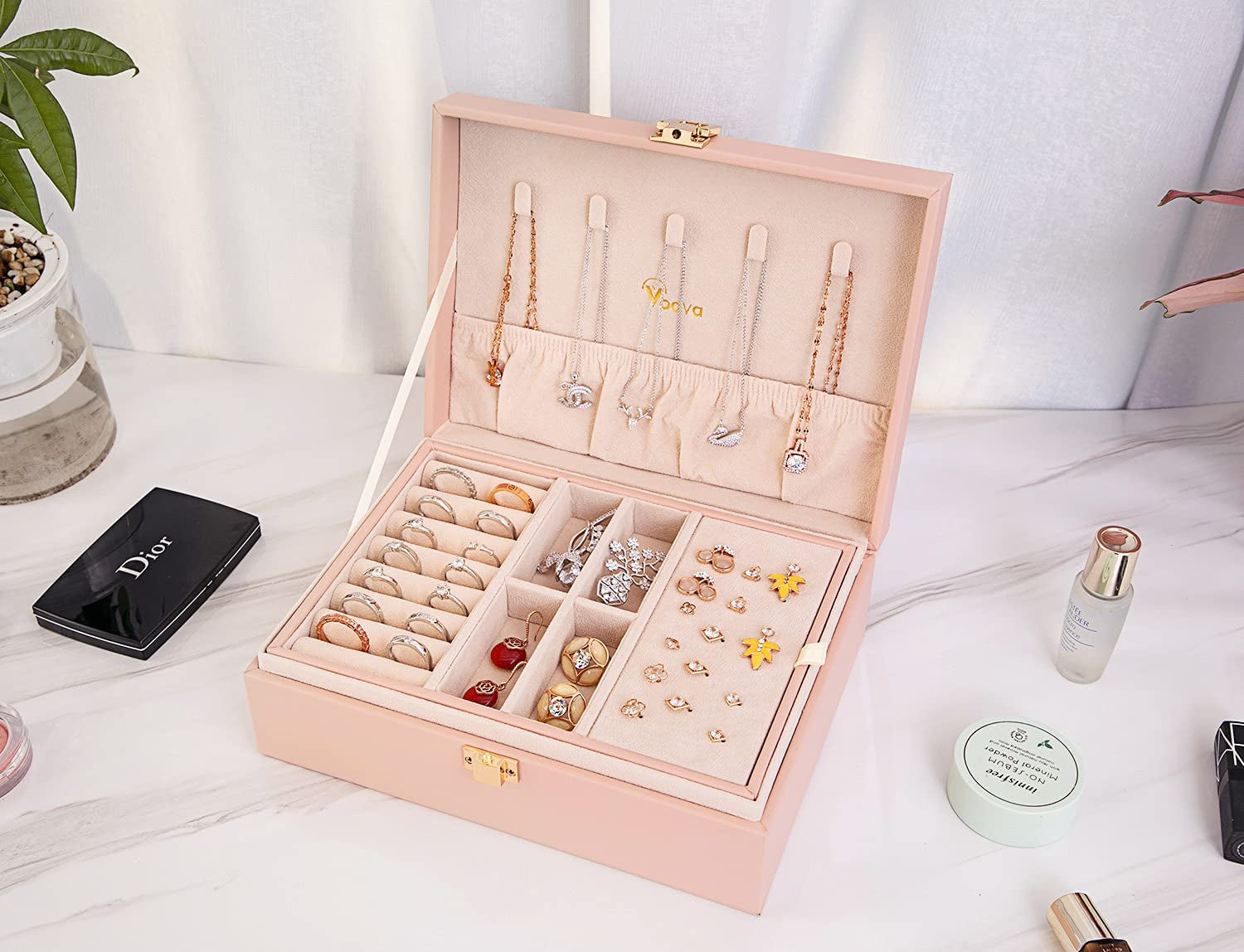 2 Layer Jewelry Box Organizer with Removable Tray, Vintage Gift, Pink | 2-Layer PU Leather Jewelry Organizer with Removable Tray for Necklaces, Earrings, Rings and Bracelets; for Women and Girls