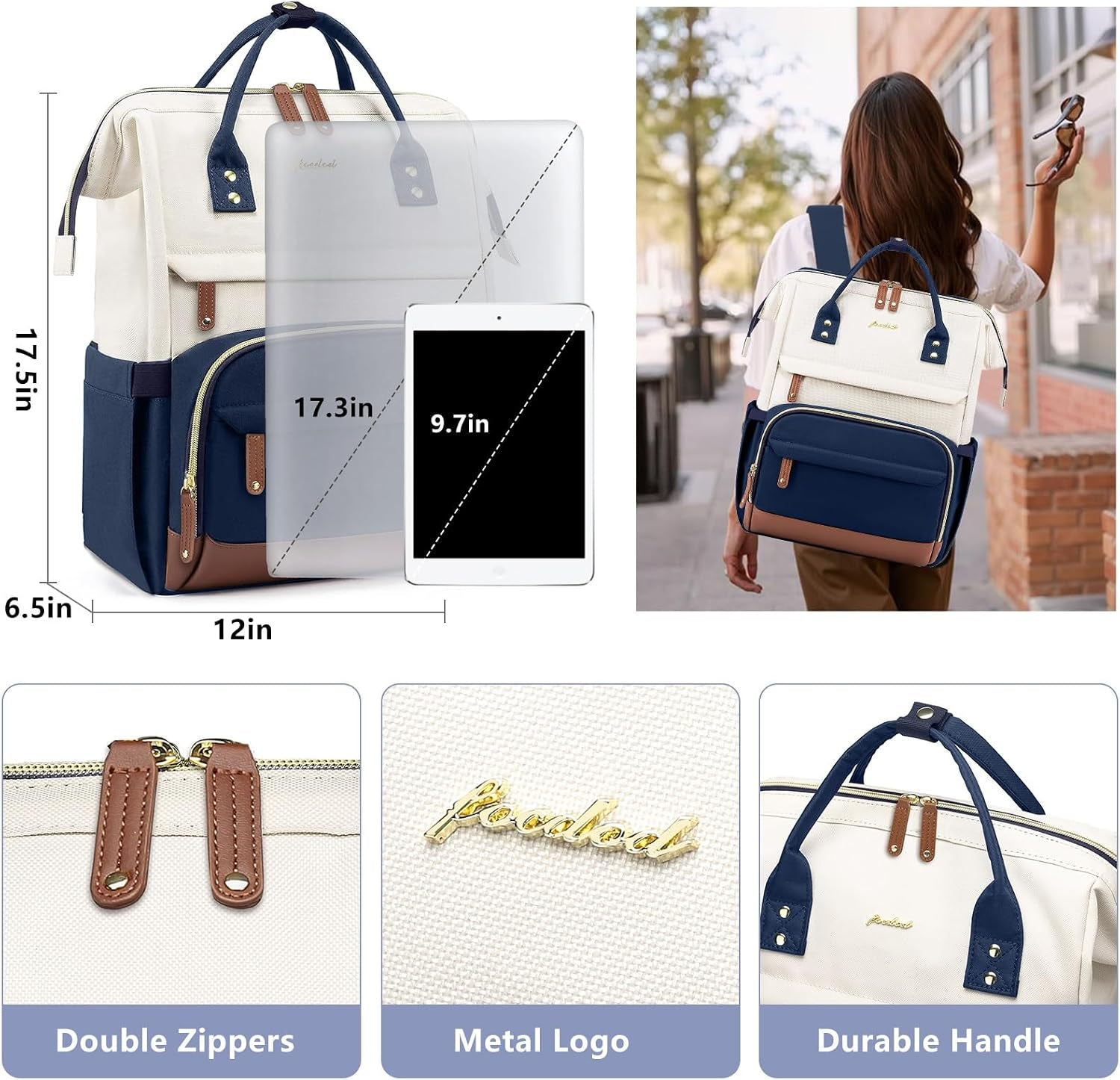Laptop Backpack for Womem Work Bags: 17.3 Inch Travel Backpacks with USB Charging Port anti Theft Fashion College Bookbag Durable Back Pack Purse Bussiness Daypack for Nurse Teacher Navy Beige