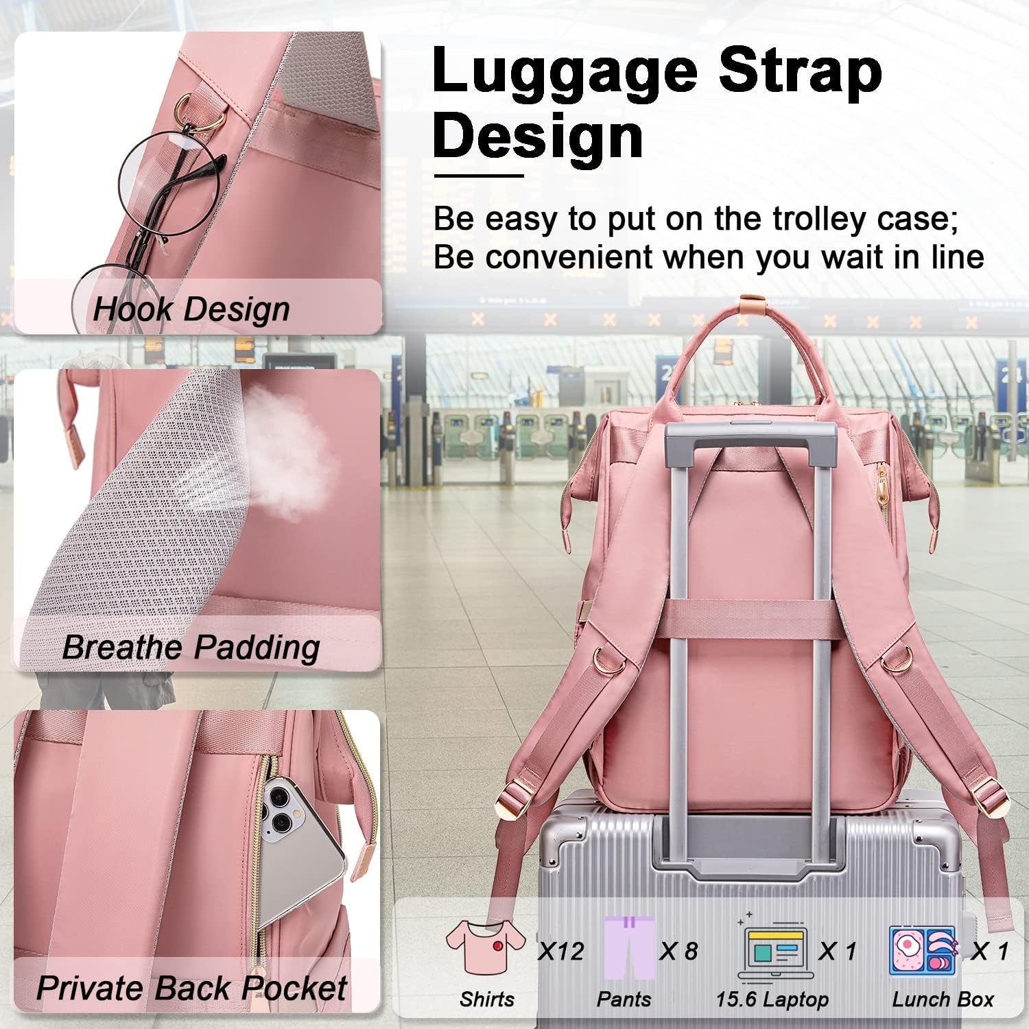 Lunch Backpack for Women,15.6 Inch Laptop Backpacks for Womens Back Pack, Travel Backpacks,Work Backpack for Women (Pink)