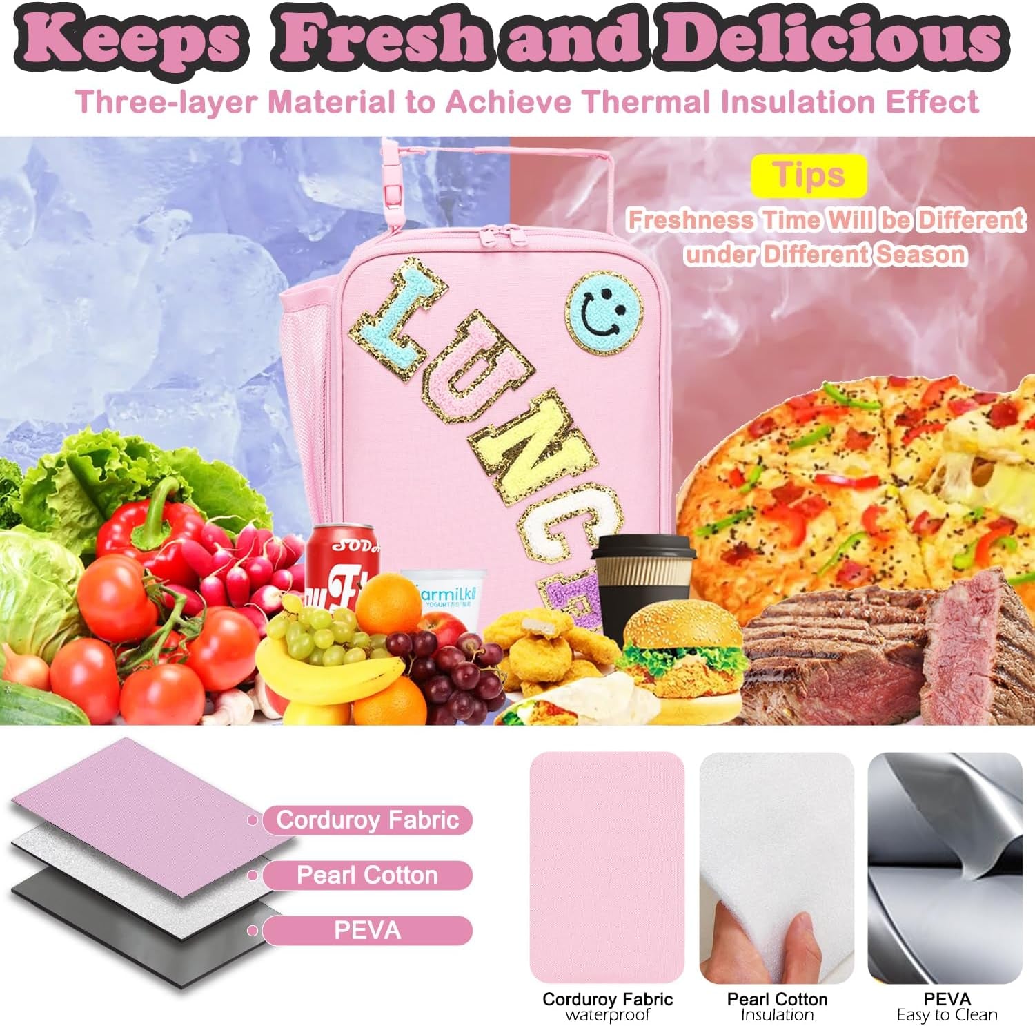 Lunch Box Insulated Soft Bag Mini Cooler Back to School Thermal Meal Tote Kit with Buckle and Mesh Side Pocket for Girls, Boys, Pinkwithletter