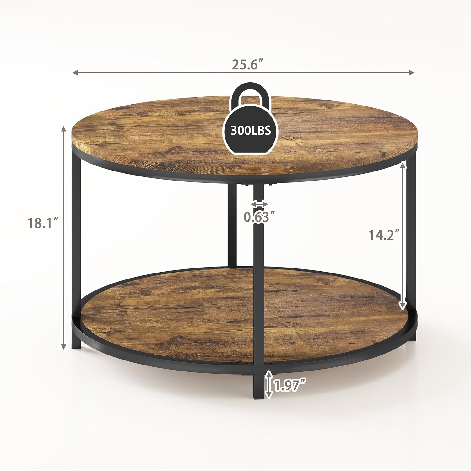round Coffee Table, 25.6" Small Coffee Table for Living Room,2-Tier Rustic Wood Desktop with Storage Shelf Modern Design Home Furniture(Brown)