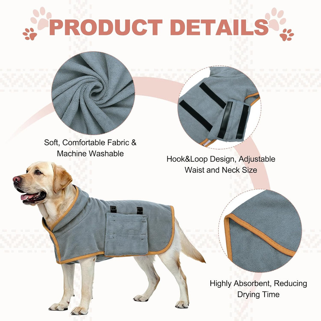 Dog Drying Coat, Dog Robes for after Bath Bathrobe Super Absorbent Towel Soft Adjustable, (L, Gray&Orange Trim), Intended for Fast Drying Warm Keeping Pet Cats Kitten Puppies