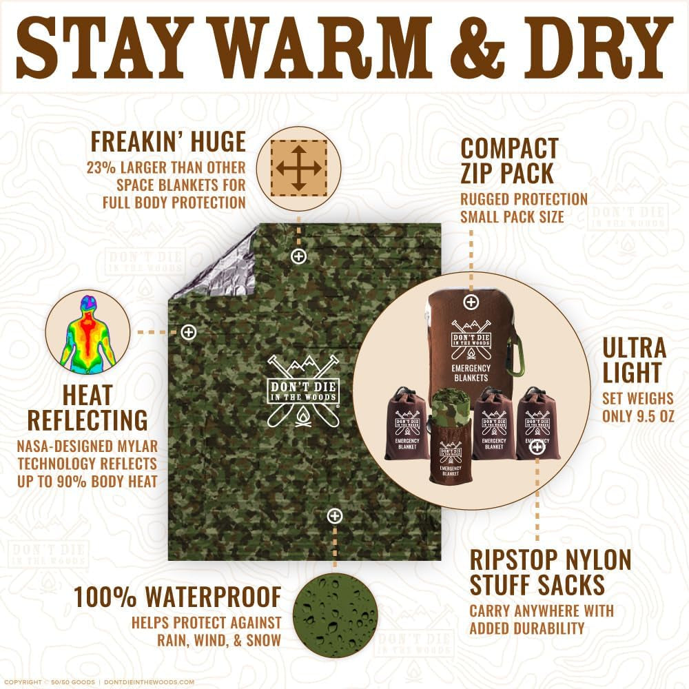 Don’T Die in the Woods – Freakin’ Huge Emergency Blankets [Camo] | Ultralight – Waterproof – Extra Large – Space Blanket Thermal Mylar for Hiking Camping Survival Gear First Aid Kit Essentials