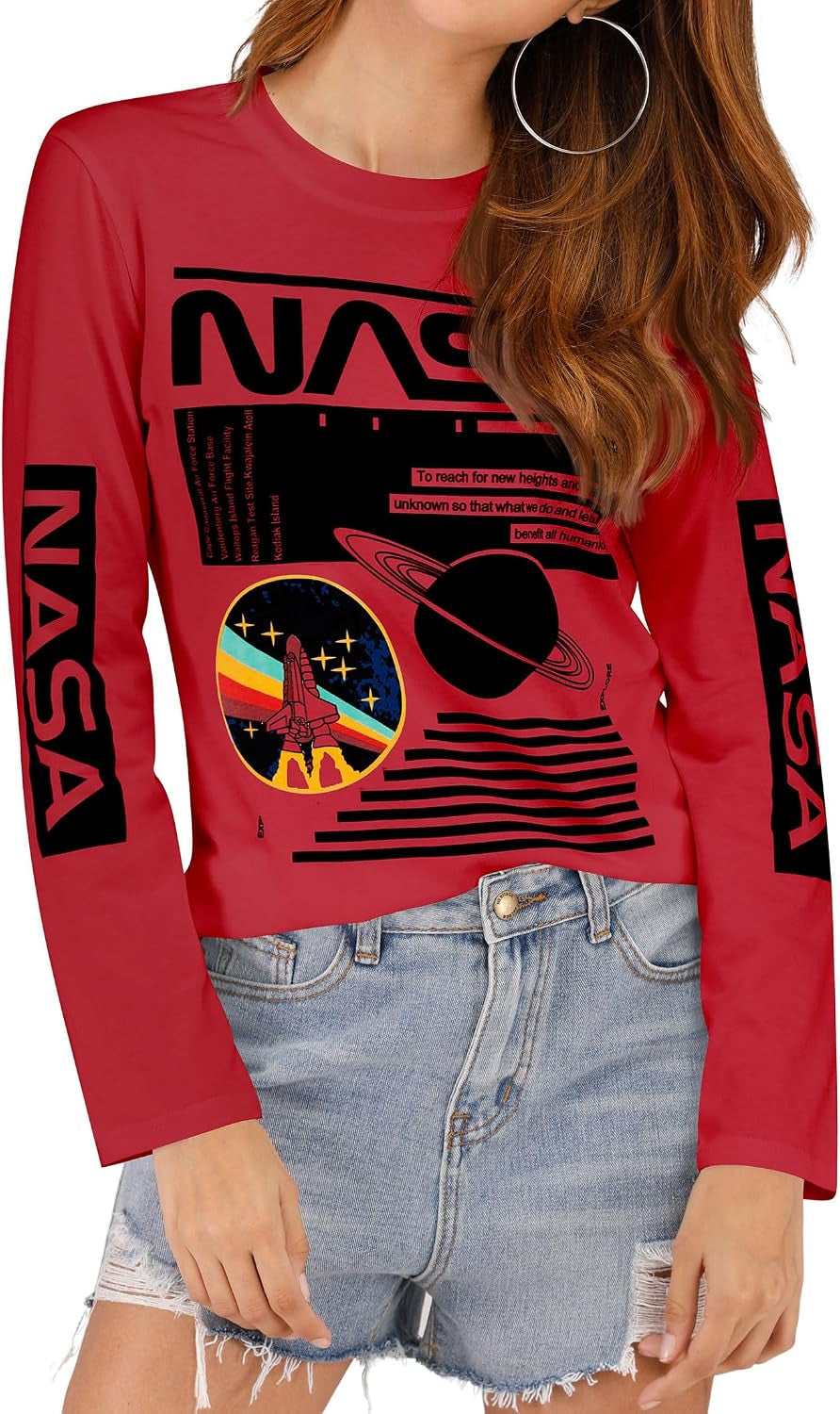 Women Long Sleeve Graphic Shirts NASA Space Letter Print | Crew Neck Tee Tops Tshirt,Fashion T-Shirts,For Spring Fall Winter