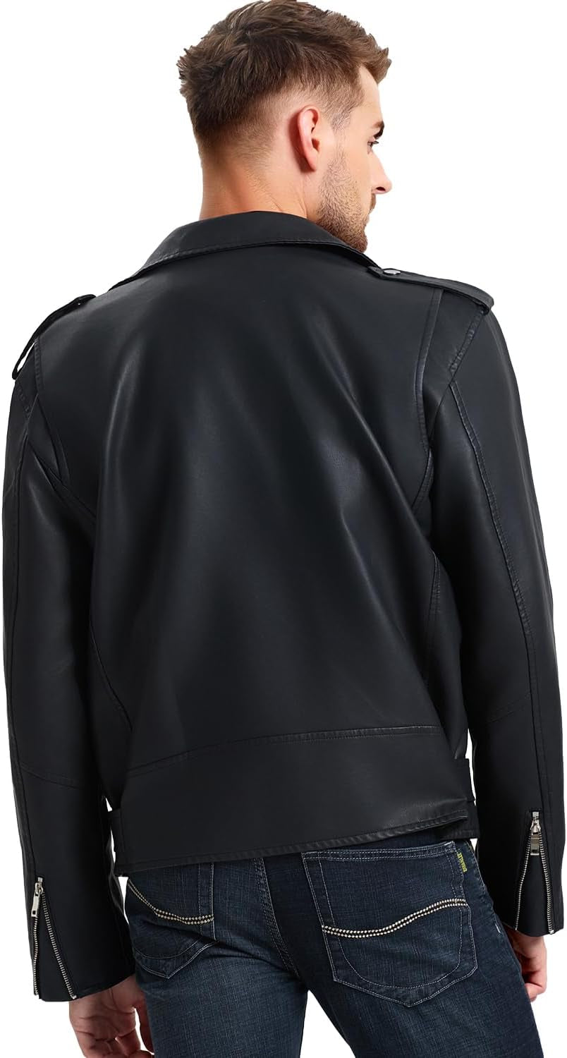 Men'S Leather Jackets, Faux Bomber Jacket for Men Motorcycle Lapel Asymmetric Zip-Up Slim Fit Biker Coat