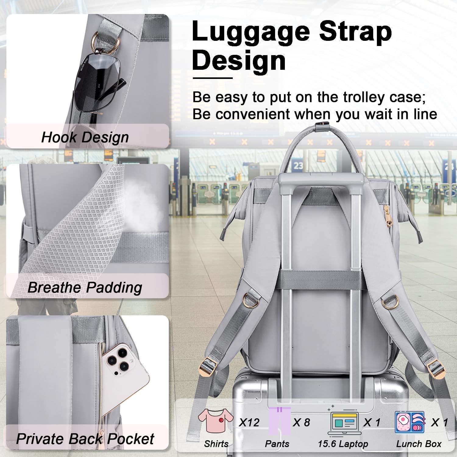 Lunch Backpack for Women,15.6 Inch Laptop Backpacks for Womens Back Pack, Travel Backpacks,Work Backpack for Women (Gray)