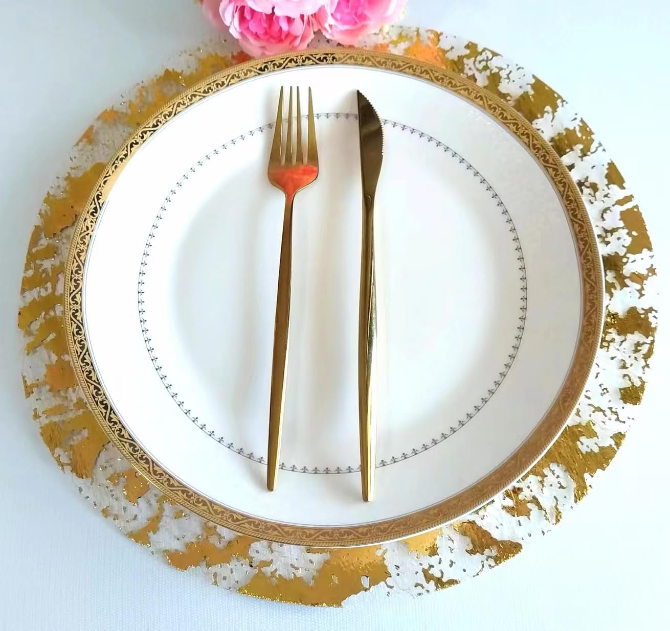 Disposable Gold Placemats Set of 50 Metallic Thin round 13 Inch Gold Doilies Mesh Pressed Fall Table Placemates 50 Pack Gold Charger Plates for Wedding, Birthday Party