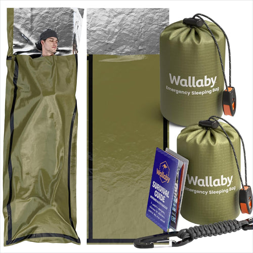 2-Pack Emergency Mylar Sleeping Bags with Nylon Pouches, Whistle Pull & Paracord with Carabiners, Free Survival Guide – Hiking, Survival