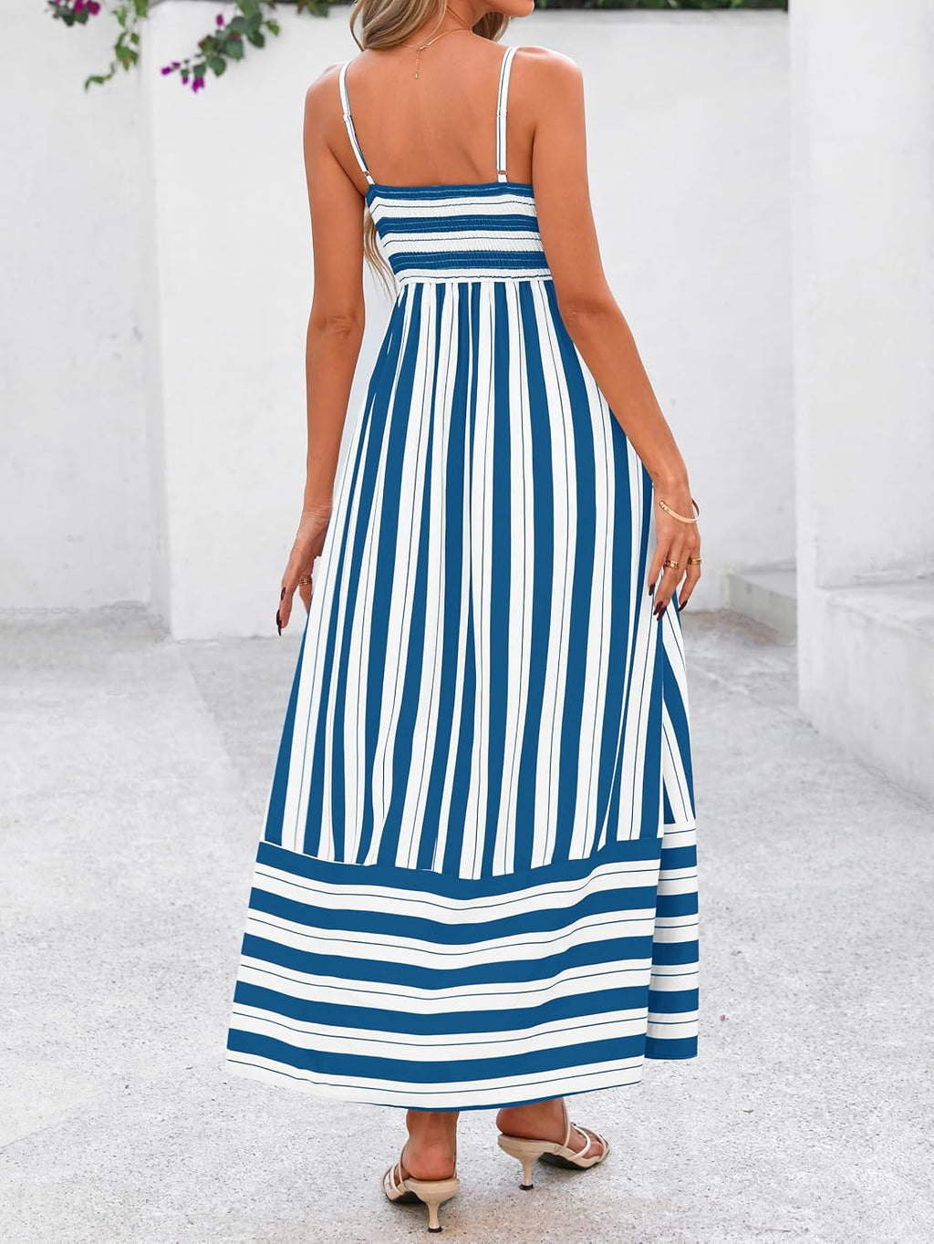 Womens Boho Floral Striped Summer Maxi Dresses Spaghetti Strap | Summer 2026 Wedding Guest Beach Vacation Flowy Long Dress, Casual Square Neck Tiered Dress, Empire Waist a Line Dress Pockets