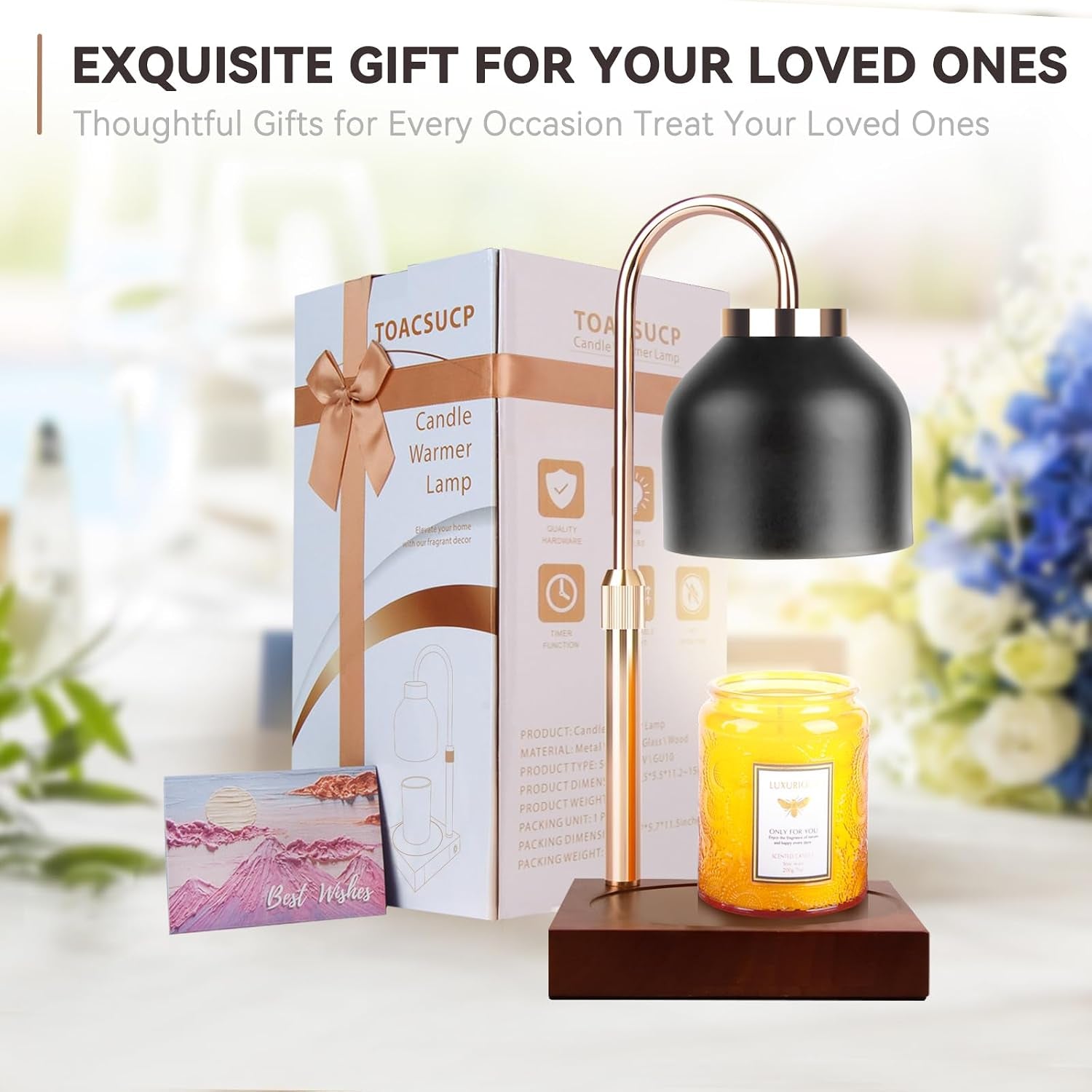 Candle Warmer Lamp with 3 Bulbs, Adjustable Height Dimmable Candle Warmer with Timer, Compatible with Large Jar Candles, Candle Lamp with Charming Gift Box Ribbon for Her/Him(Black)