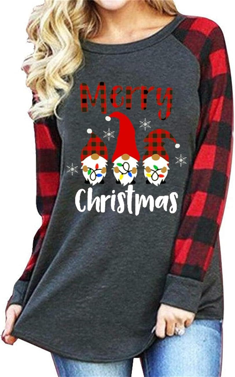 Christmas Shirts for Women Gnomes T-Shirt Candy Canes Plaid Tshirts | Merry Christmas Long Sleeve Shirt Xmas Shirts Raglan Gnome Tee Candy Cane Pullover Plaid Stripes Holiday Vacation Tops