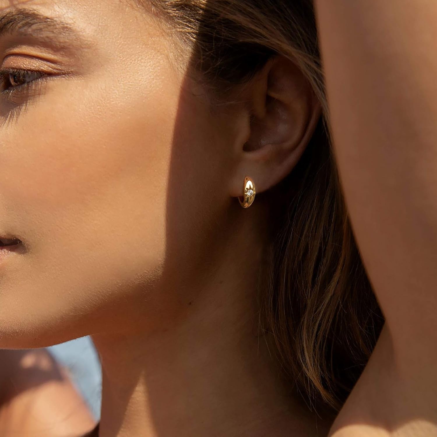 Chunky Huggie Hoop Earrings for Women Starburst Beaded Styles | 18K Gold Plated Brass, Triple or Single Cubic Zirconia Star Details, Graduated Rounded Profile, Front Stone Row