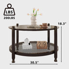 32" round Coffee Table for Living Room, 2-Tier Solid Wood Center Table for Home Decor with Boho Woven Rattan Storage Shelf | Modern Farmhouse Design, Easy Assembly, Black Brown