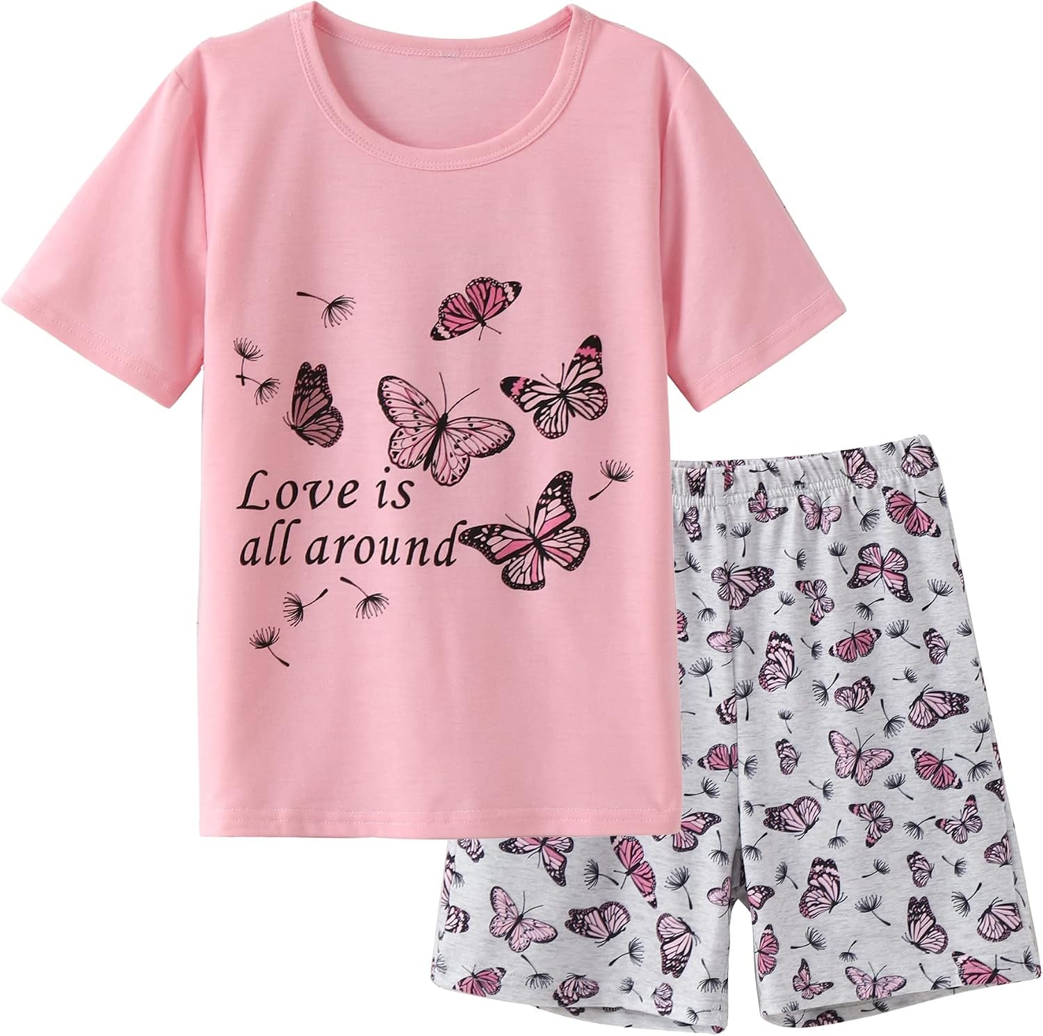 Big Girls Sleepwear Cute Cartoon 2PCS Pajama Sets | Big Girls Summer Pajama Sets, Cotton Blend 65% Cotton, 35% Polyester, Cute Patterns Printed, Softness Pullover Lounge Outfit