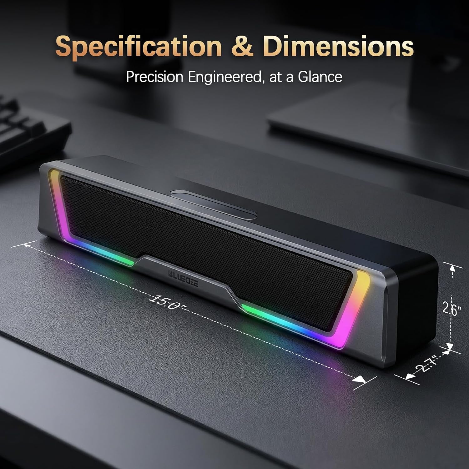 Computer Speakers for Desktop PC, AUX Wired Computer Sound Bar | USB Powered, Plug & Play, PC Speakers for Desktop & Laptop, RGB Lights, Inline-Controlled, Compact Design, Gaming Speakers