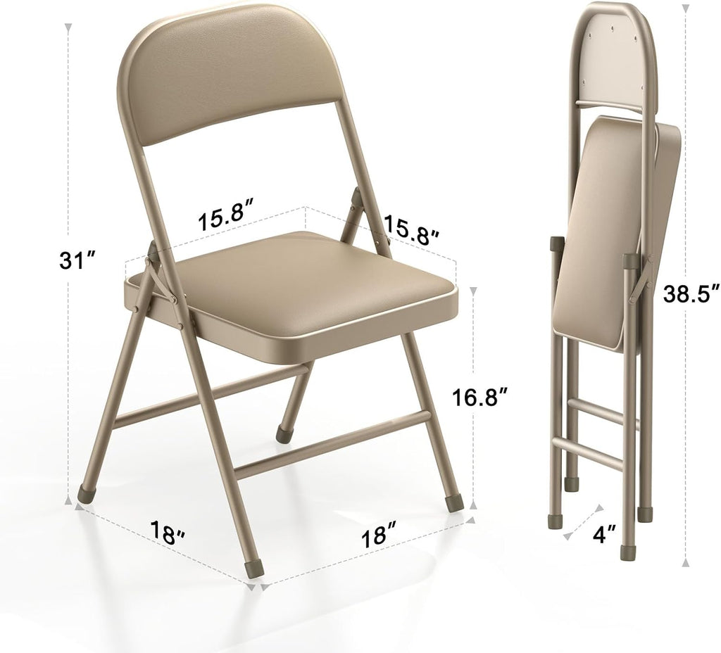 Folding Chairs with Padded Vinyl Cushion Chairs with Comfortable Cushion and Durable Steel Frame for Home and Office, for Indoor and Outdoor Events (Kahki, Vinyl, 4 Pack)