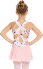 Girls Hollow Back Ballet Leotard with Skirt Sleeveless Dance Dress | Kid Girls, Solid Leotard with Hollow Back Criss-Cross Straps, Flowy Chiffon Skirt 3-11 Y