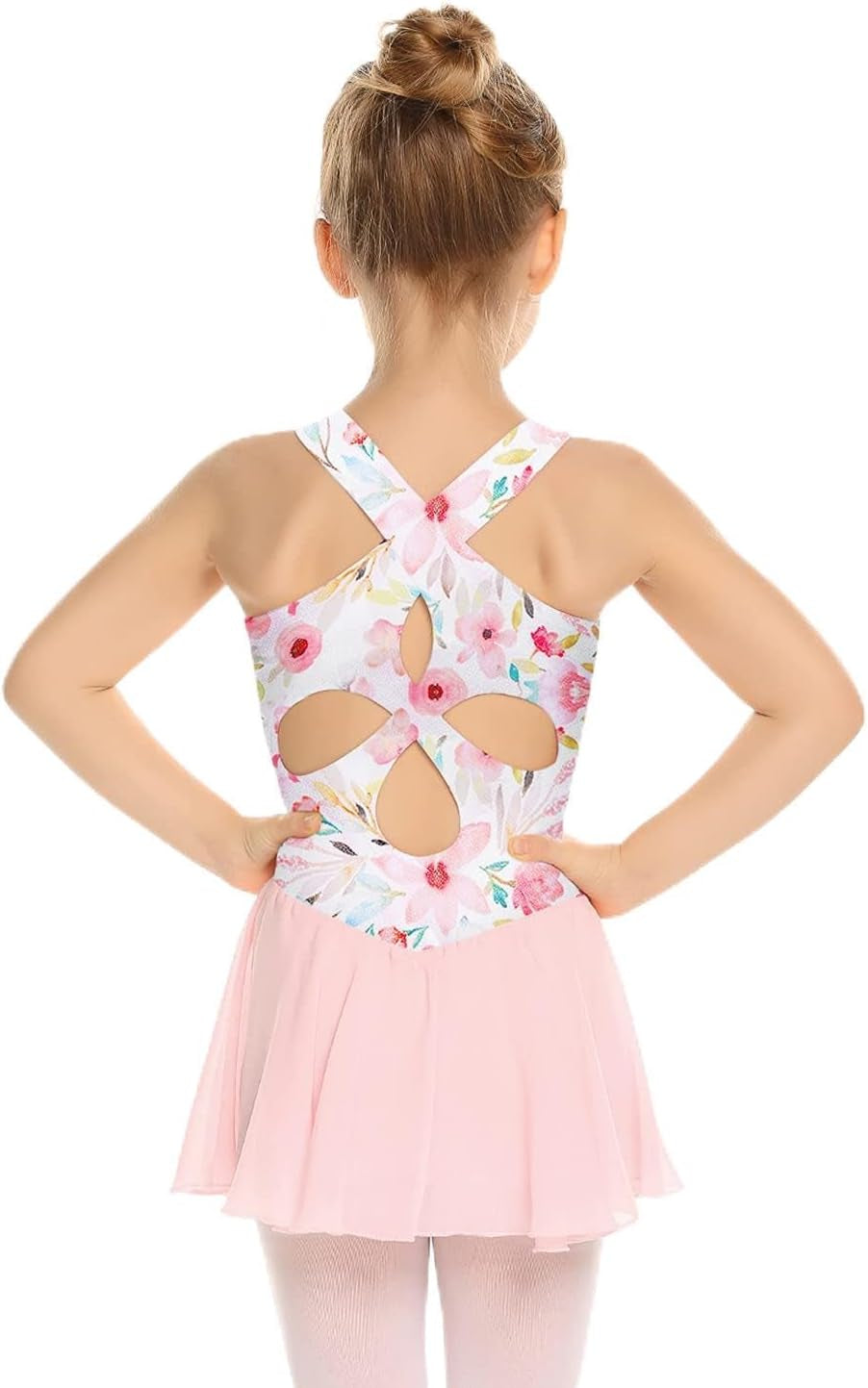 Girls Hollow Back Ballet Leotard with Skirt Sleeveless Dance Dress | Kid Girls, Solid Leotard with Hollow Back Criss-Cross Straps, Flowy Chiffon Skirt 3-11 Y