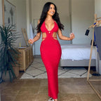 Women Sexy Crochet Maxi Dress Cut Out Halter V Neck Backless Knit Bodycon Long Dress Summer Beach Evening Party Dresses