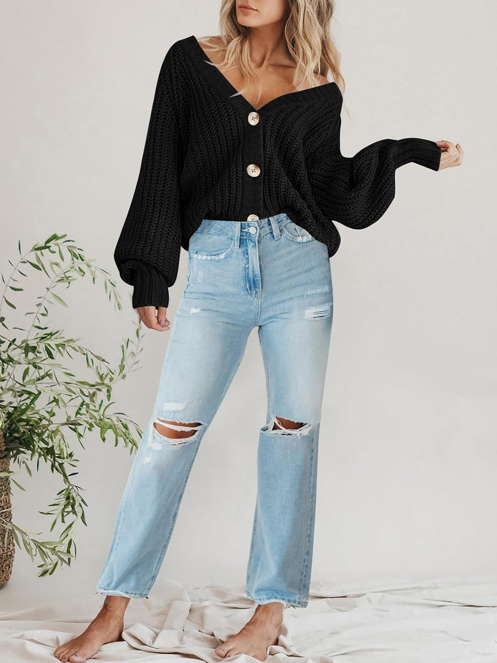 Women'S Chunky Knit Open Front Cardigan Sweaters Fall Outfits | V Neck Button Loose Short Cardigan Outerwear Coats, Slouchy Drop Shoulder Loose Cute Sweaters, Fall Clothes for Work & Office