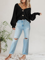 Women'S Chunky Knit Open Front Cardigan Sweaters Fall Outfits | V Neck Button Loose Short Cardigan Outerwear Coats, Slouchy Drop Shoulder Loose Cute Sweaters, Fall Clothes for Work & Office