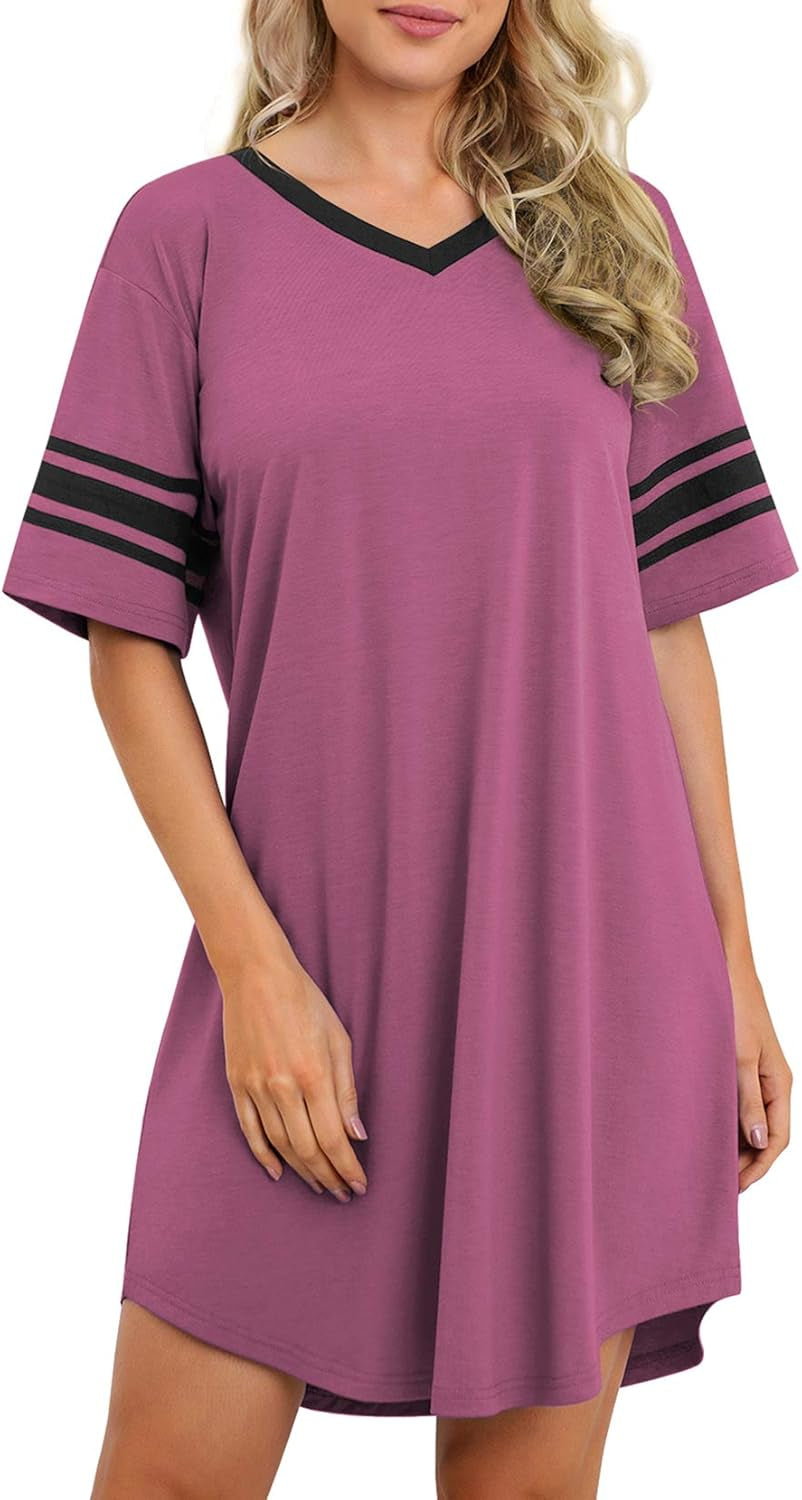Women'S Sleep Shirt Short Sleeve Nightgown Loose Fit Breathable | Crew Neck, Soft Polyester Blend Sleepwear, Solid Colors Floral Prints, Pajama Dress, Loungewear, House Casual Daily Wear