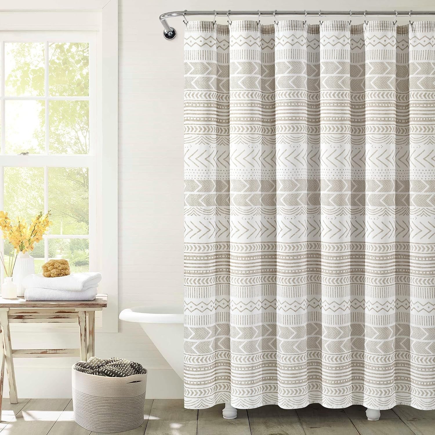 Hygge Geo Shower Curtain, 72" W X 72" L, Taupe/White - Curtain for Bathroom - Striped Bathroom Decor - Netural Color Home Accessories - White Home Accessories - Geometric Scandinavian Print