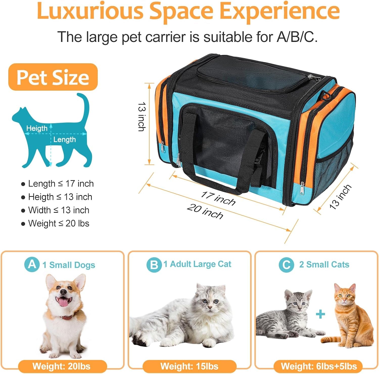 Large Cat Carrier for 2 Cats, Pet Carrier, Dog Carrier for Small Dogs, Cat Carrier Soft, Collapsible Large Pet Carrier for Traveling Indoor and Outdoor Uses - Blue 23"X13"X13"