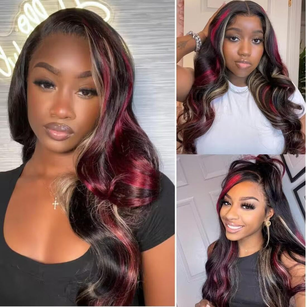Black Red Blonde Highlight Wig Human Hair 13X4 Lace Front Wigs Human Hair Pre Plucked 180% Density Body Wave HD Lace Frontal Wig Blonde Red Highlight Glueless Colored Human Hair Wig for Women 26 Inch