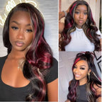 Black Red Blonde Highlight Wig Human Hair 13X4 Lace Front Wigs Human Hair Pre Plucked 180% Density Body Wave HD Lace Frontal Wig Blonde Red Highlight Glueless Colored Human Hair Wig for Women 26 Inch