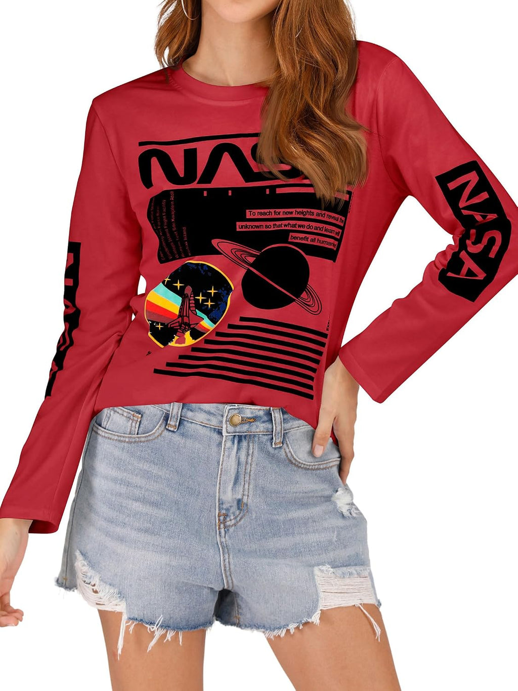 Women Long Sleeve Graphic Shirts NASA Space Letter Print | Crew Neck Tee Tops Tshirt,Fashion T-Shirts,For Spring Fall Winter