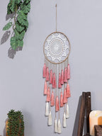 Macrame Dream Catcher Wall Hanging, Pink Large Boho Bedroom Decor | Handmade Tassel Feather Ornament, Natural Cotton, Modern Chic Living Room Nursery Art Decor, Blessing Gift for Women Girls