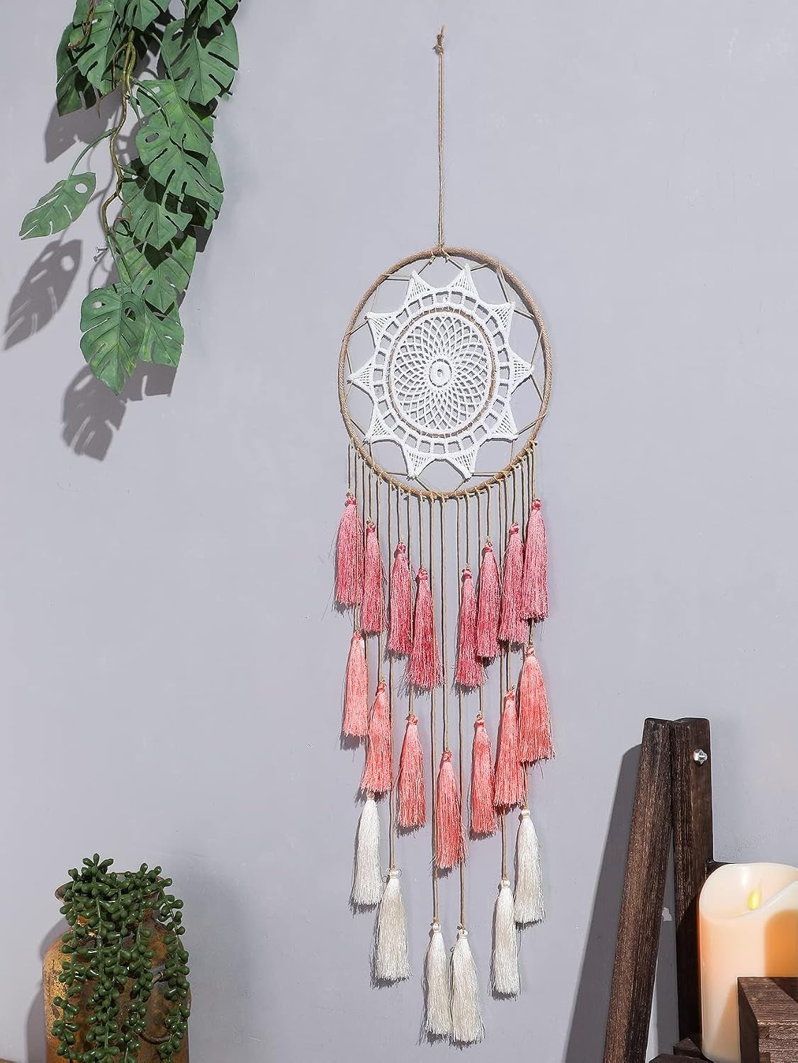 Macrame Dream Catcher Wall Hanging, Pink Large Boho Bedroom Decor | Handmade Tassel Feather Ornament, Natural Cotton, Modern Chic Living Room Nursery Art Decor, Blessing Gift for Women Girls