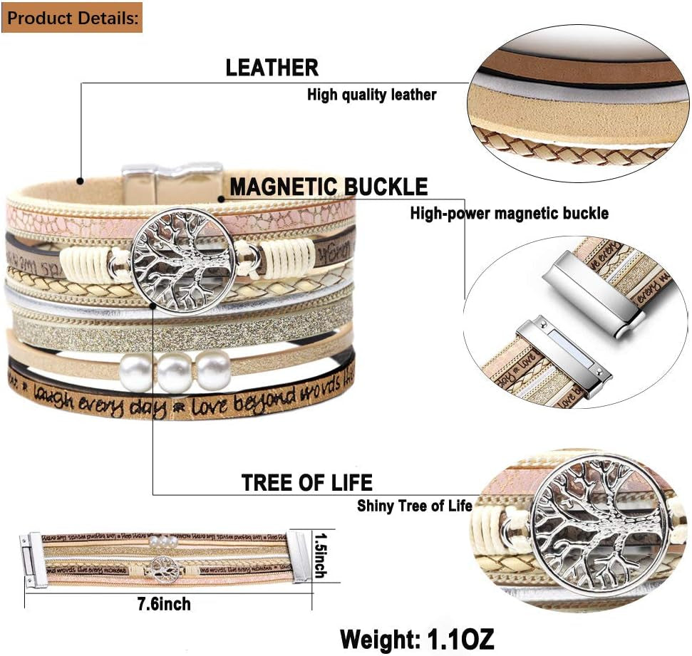 Inspirational Tree of Life Boho Leather Wrap Bangle Bracelets for Women, Teen Girl Gifts Trendy Stuff, Fashion Accessories Jewelry Gifts for Women Girls
