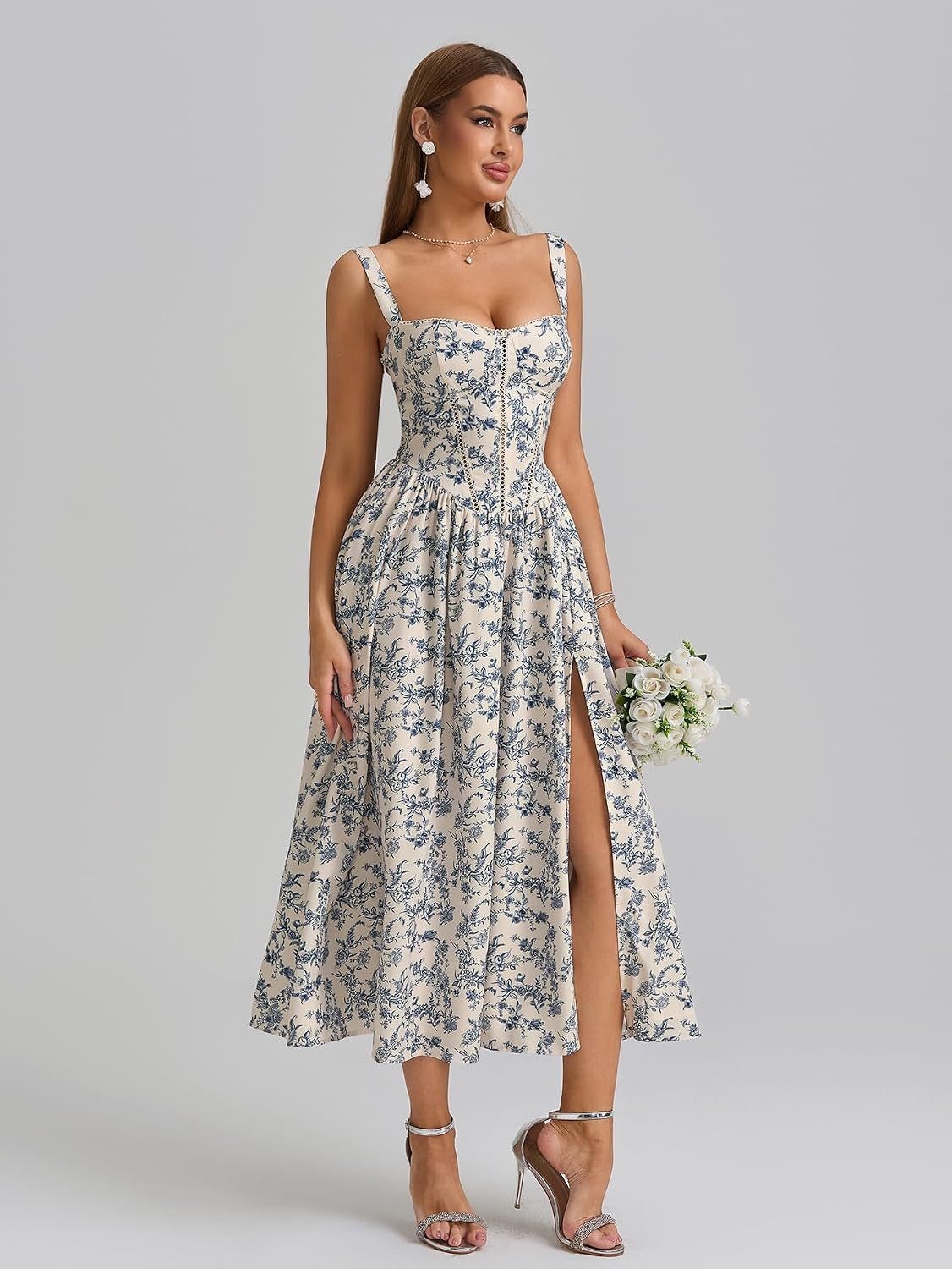 Summer Floral Corset Midi Wedding Guest Dresses for Women | Slit Flowy Sundress with Pockets, Idea for Garden Tea Party Engagement Bridal Shower Fancy Cottagecore Milkmaid