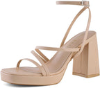 Platform Heels for Women Strappy Block Chunky Heels Square Toe Ankle Buckle Sandals