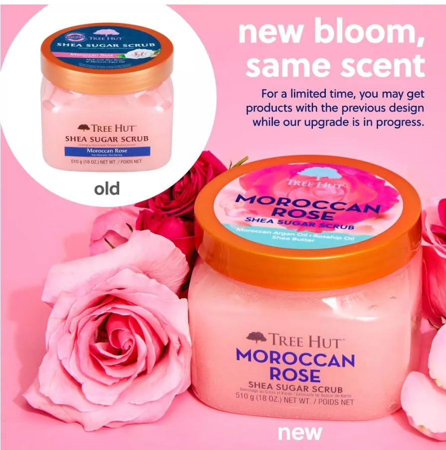 Moroccan Rose Shea Sugar Scrub, Exfoliating & Hydrating Body Scrub with Shea Butter & Essential Oils, Smooth & Soften Skin, Holiday Gift & Stocking Stuffer, 18 Oz