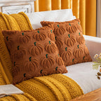 Pumpkin Fall Decorative Throw Pillow Covers 18"X18", Set of 2 Rust Green Soft Faux Fur Pillow Covers for Autumn Harvest, Fluffy Plush Accent Pillow Cases for Farmhouse Halloween Decor