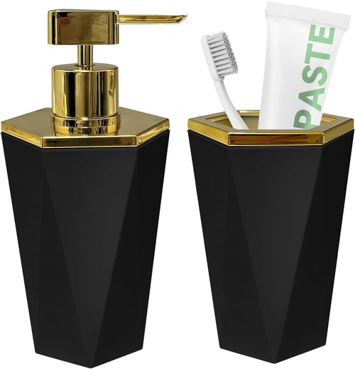 2 Piece Plastic Bathroom Accessories Set, Black Bathroom Sets Accessories | Soap Dispenser and Toothbrush Holder, Modern Bathroom Decor, Bathroom Sets Accessories