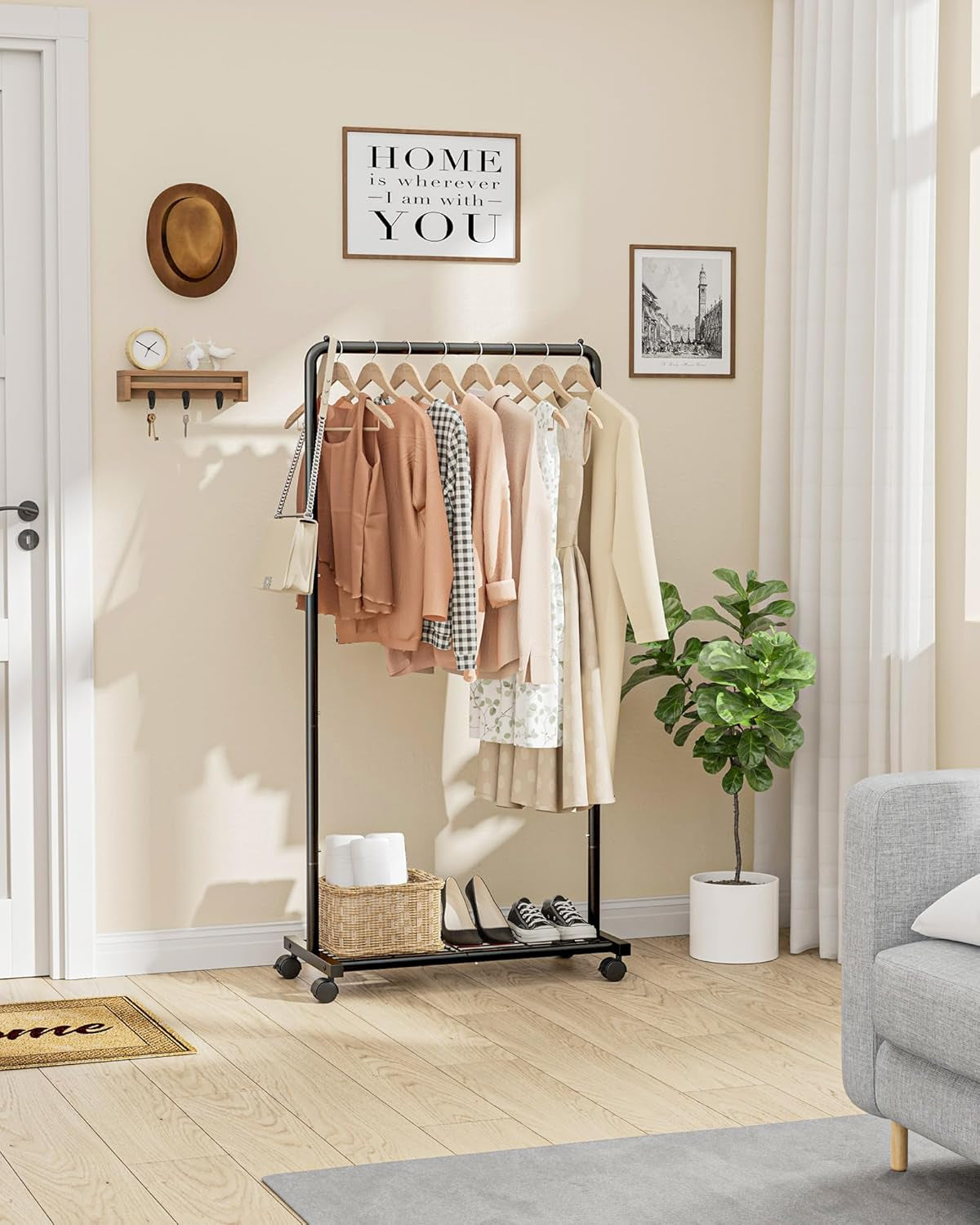 Clothes Rack - Clothing Rack with Storage Mesh Shelf & Casters, Heavy-Duty Metal Clothing Rack for Hanging Clothes, Dresses, Coats, Large Load Capacity, Easy Assembly, Black, 28.0"X16.9"X59.0"