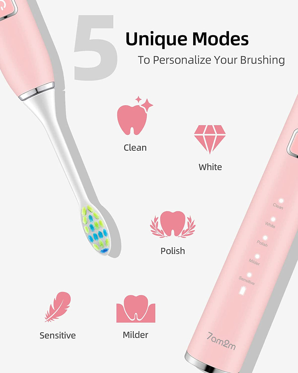 Sonic Electric Toothbrush with 6 Brush Heads for Adults and Kids, One Charge for 90 Days, Wireless Fast Charge, 5 Modes with 2 Minutes Built in Smart Timer, Electric Toothbrushes(Pink)