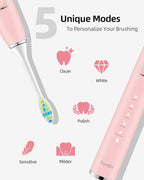 Sonic Electric Toothbrush with 6 Brush Heads for Adults and Kids, One Charge for 90 Days, Wireless Fast Charge, 5 Modes with 2 Minutes Built in Smart Timer, Electric Toothbrushes(Pink)