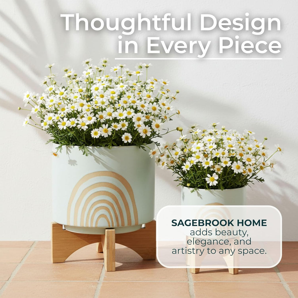 Arch Ceramic Planters with Wooden Stand for Home Decor Flower Pots for Living Room, Entryway, Patio, and Garden - Raised Plant Pots Fo Indoor and Outdoor Plants - Set of 2, 11", 7", Green & Tan