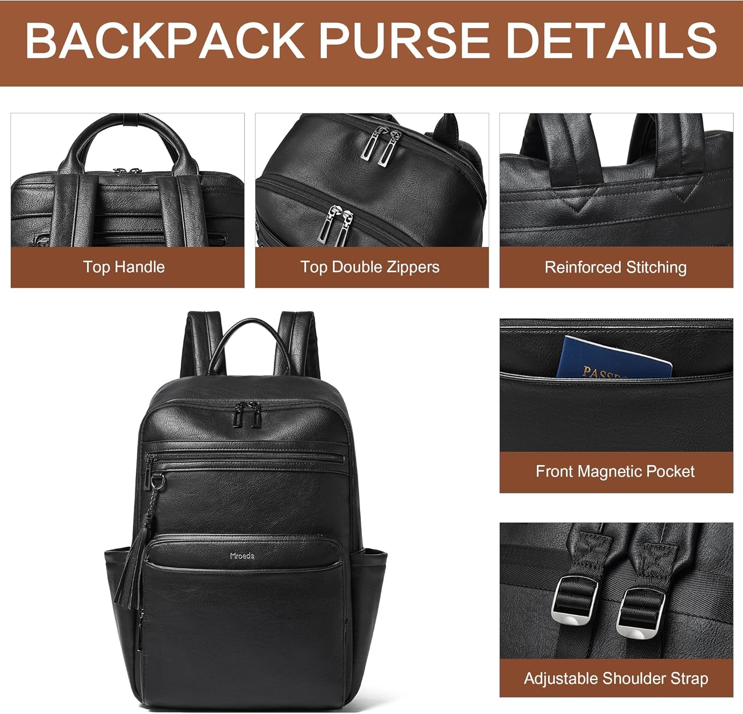 Laptop Backpack for Women,Leather Backpack with 15.6 Inch Laptop Compartment,Large Capacity Computer Backpacks Purse,Carry-On Travel Backpacks,Casual Daypack for Work Business College,Black