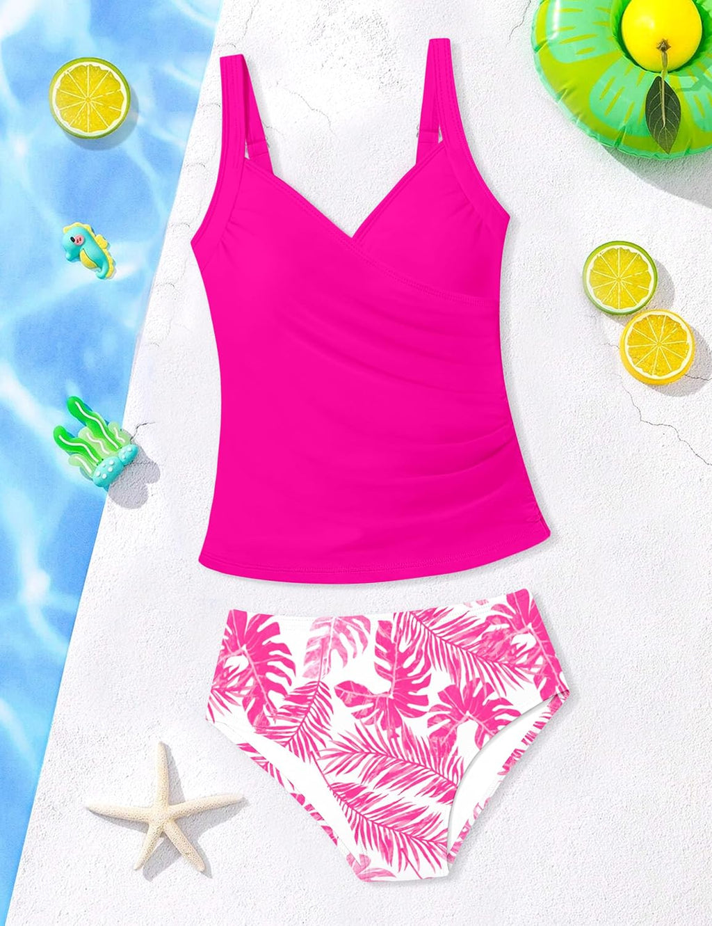 Girls Tankini Swimsuit Twist V Neck Bathing Suit Ruched Girls Swimsuit Two Piece Printed Girls' Swimwear 9-16 Years