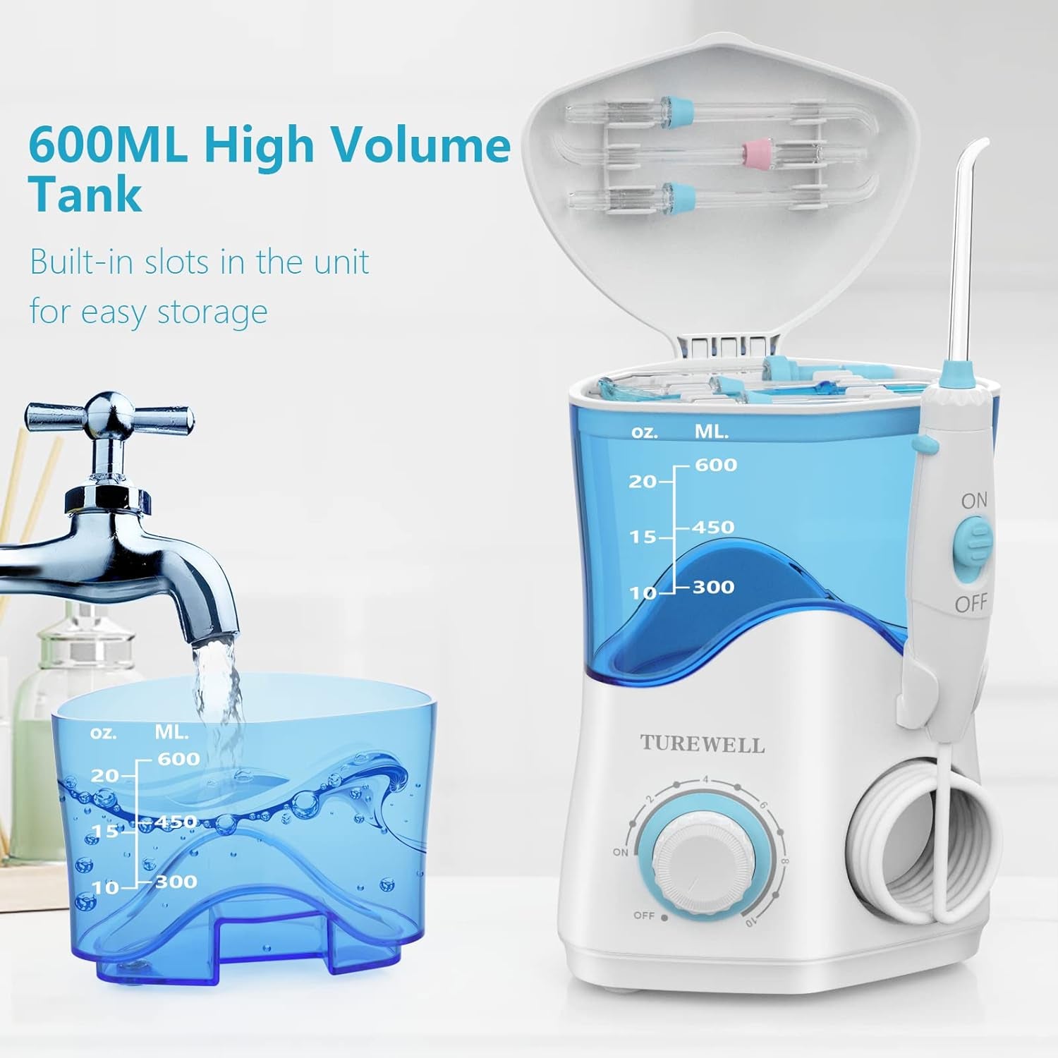 Water Dental Flosser for Teeth/Braces, Water Teeth Cleaner 8 Jet Tips and 10 Pressure Levels, 600ML Large Water Tank Oral Irrigator for Family(White)