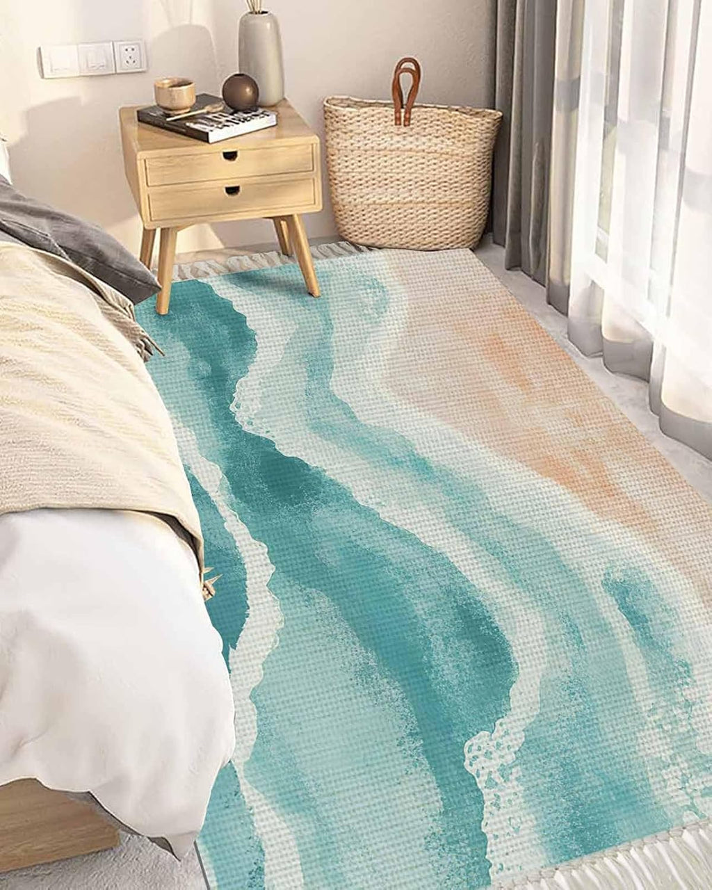 Teal Boho Coastal Area Rug 4X6 Living Room Rug with Tassel Woven Cotton Entryway Rug Washable Bedroom Rug Aesthetic Nursery Rug Ocean Beach Wave Ombre Green Floor Mat for Laundry Room