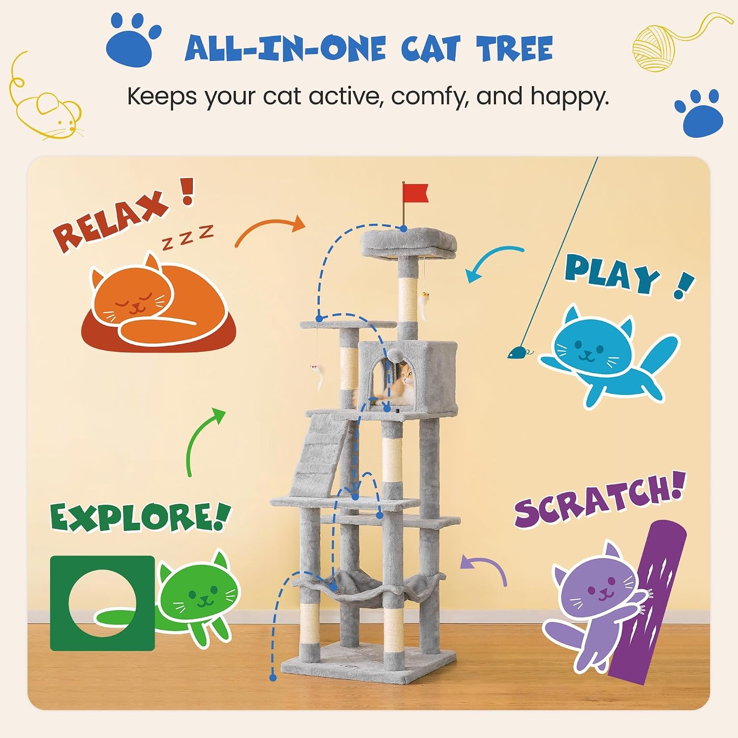 63.8 Inches Multi-Level Cat Tree for Large Cats with Sisal-Covered Scratching Posts, Padded Platform, Hammock and Condo,Stable Cat Tower Cat Condo Pet Play House-Light Gray