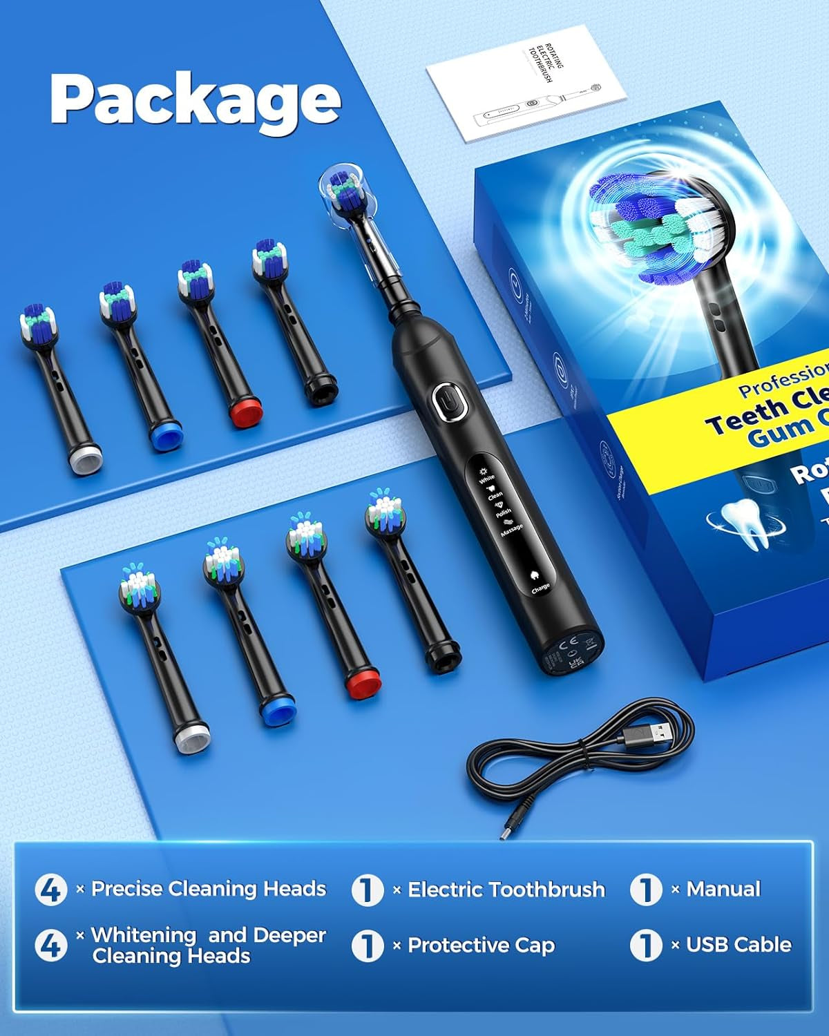 Rotating Electric Toothbrush for Adults with 8 Brush Heads (2 Types), 4 Modes Deep Clean Electric Toothbrush with Rechargeable Power and 2 Min Smart Timer, Fast Charge (Black)